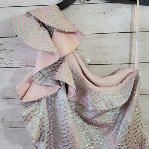 Blush Pink & Silver Metallic One Shoulder Dress w Cascading Ruffle Prom Dress - Picture 3 of 13